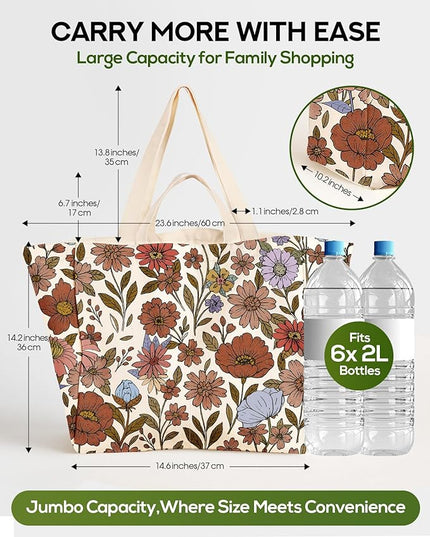 Large Canvas Grocery Tote Bag - Reusable Extra Large Shopping Shoulder Bags with 6 Inner Pockets & 2 Handle Strap