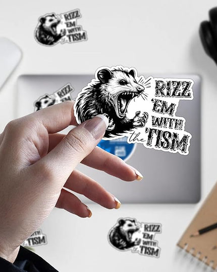 3 Pack Rizz ’Em with The Tism Sticker 2" – Funny Angry Possum Meme Decal – Dark Humor Opossum Sarcastic ADHD Autism Humor Waterproof Vinyl for Laptop Water Bottle Car Gift
