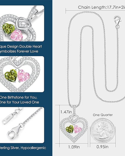 LOUISA SECRET Sparkling Double Heart Birthstone Necklaces for Women, 925 Sterling Silver Fine Jewelry, Pendant Heart Necklaces Birthday Anniversary Christmas Gift for Women Wife Mom Girlfriend Lady