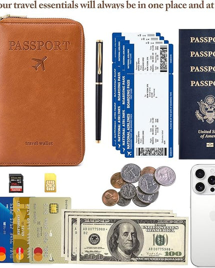 Passport Holder for Travel Women and Men RFID Passport Holder with Card Slots Holder Passport Case Passport cover Passport Wallet Travel Essentials and Accessories (Zipper, Brown Zipper)