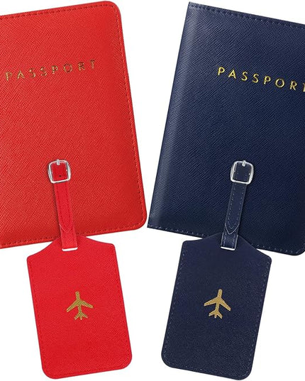 2 Pieces Passport Covers and 2 Pieces Luggage Tags, Passport Holder Travel Suitcase Tag (Red, Blue)