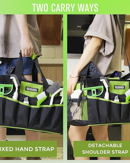 Wearable Cleaning Caddy Bag, Cleaning Caddy Supplies Organizer with Handle & Shoulder Straps for Housekeepers, Under Sink & Car Cleaning Tool Organizers with 4 Foldable Divider (NeonGreen)