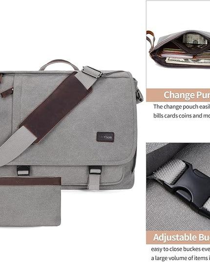 Nerlion Messenger Bag for Men 17-17.3 Inch Laptop Bag Canvas Water-resistant Computer Bag Shoulder Bag Work Briefcase Bookbag for College (Light Gray)
