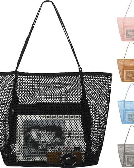 Mesh Beach Bag, Large Beach Tote with Zipper Pocket, Toys Pool Bag for Family Travel Vacation Cruise Essentials