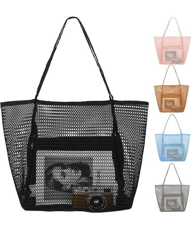 Mesh Beach Bag, Large Beach Tote with Zipper Pocket, Toys Pool Bag for Family Travel Vacation Cruise Essentials