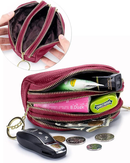 LINNO 3 Zippered Genuine Leather Coin Purse Triple Capacity Change Pouch Little Travel Wallet With Key Ring for Women