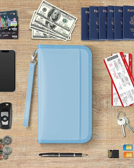 GOAUS Passport Holder with AirTag Slot, PU Leather Travel Document Organizer, Multiple RFID Blocking Wallet for Family of 4 to 6 Blue
