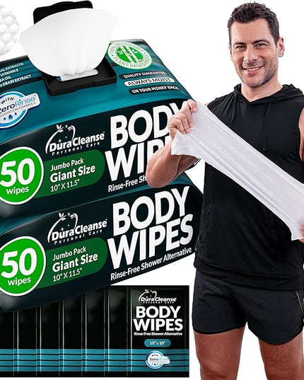 Body Wipes for Men (2pk) - 100 XL No Rinse Shower Sheets + 8 Travel Bath Wipes - 10 x 11.5" After Gym Adult Washcloths - Mens Deodorant & Face Towels For Camping Essentials, Survival Gear and Supplies