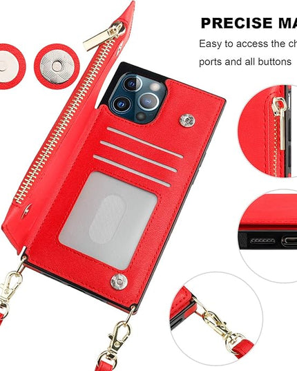 Bocasal Crossbody Wallet Case for iPhone 12 Pro Max with Card Holder,Zipper Card Slot Protector Shockproof Purse Cover with Removable Cross Body Strap 6.7 Inch(Red)