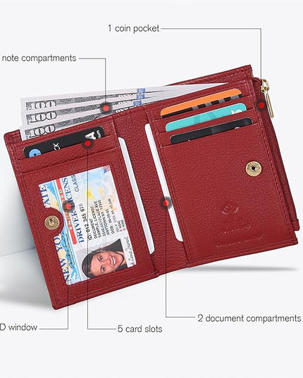Oak Leathers Leather Wallet For Women - Small RFID Coin Purse Credit Card & ID Holder for Ladies, Gift for Women's, Bifold Wallets (Nappa Red)