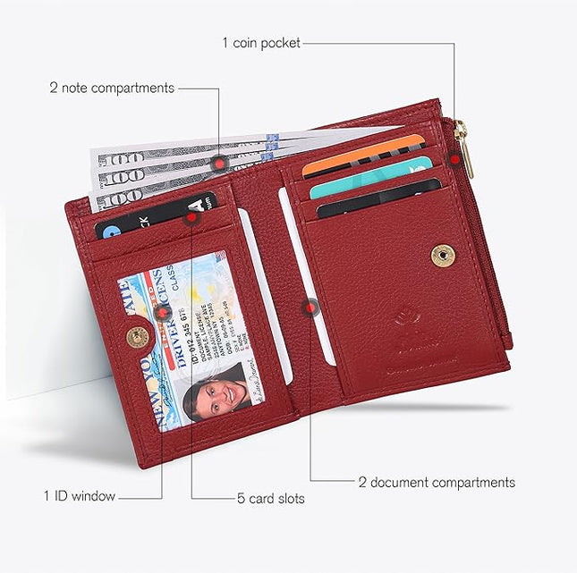 Oak Leathers Leather Wallet For Women - Small RFID Coin Purse Credit Card & ID Holder for Ladies, Gift for Women's, Bifold Wallets (Nappa Red)