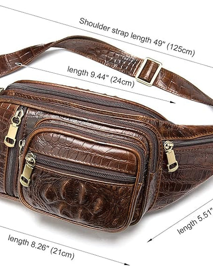 Genuine Leather Fanny Pack large capacity Crossbody Waist Bag with Zipper phone Pockets crocodile coffee