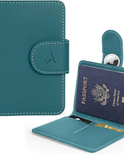 ALLIVE Rfid Passport Holder for Travel Women & Men, Passport Cover Wallet with AirTag Hidden, Genuine Leather Passport Holder Essential for Business Travel, Airport Security (Lake Blue)