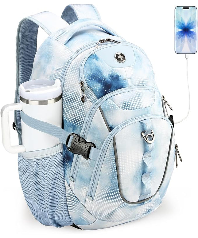 Swissdigital Laptop Backpack with USB Charging Port, Travel Backpack Fits 15.6 inches Computer, 31L Backpack for Men, Polka Blue | SD803-105