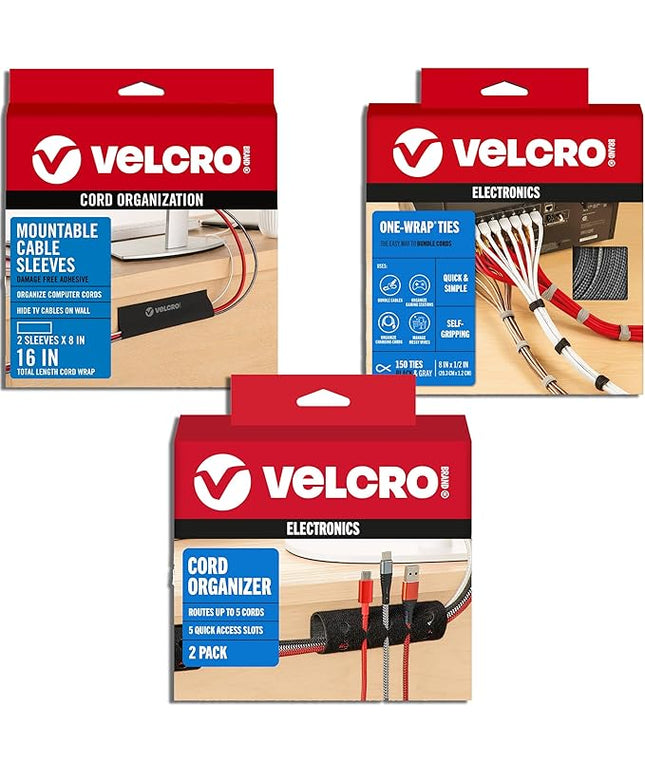 VELCRO Brand Complete Desk Cable Management Kit | 8in Mountable Cable Sleeve 2pk + 150pk Reusable Cable Ties + Desk & Nightstand Cord Organizer | Black, Damage-Free Mounting