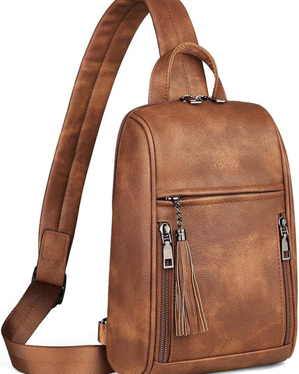 FADEON Sling Bag for Women, Crossbody Backpack with Tassels, Designer Leather Shoulder Chest Bags for Travel