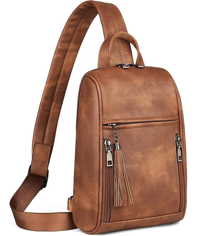 FADEON Sling Bag for Women, Crossbody Backpack with Tassels, Designer Leather Shoulder Chest Bags for Travel