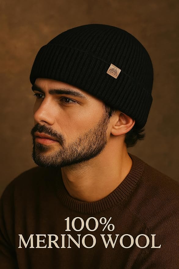 TOP-EX PolarWool™ 100% Merino Wool Fisherman Beanie Hat | Soft Single Layer Warm Short Sailor Trawler Cap for Men Women