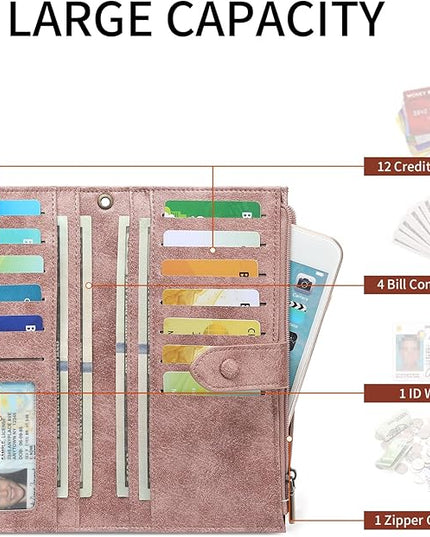 SENDEFN Wallet for Women RFID Blocking Leather Clutch Long Purse Large Capacity Credit Card Holder Wristlet