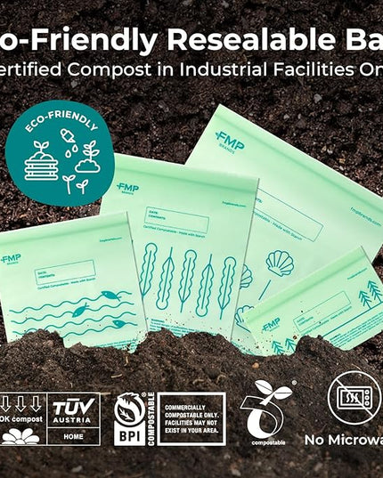 Fit Meal Prep 100% Compostable Food Storage Bags Set, Resealable Bags Plant-Based Freezer Bag for Food, ASTM D6400, US BPI & EU OK Compost Certified