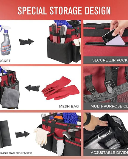 Wearable Cleaning Caddy, Cleaning Caddy Supplies Organizer with Handle & Shoulder Straps for Housekeepers, Under Sink & Car Cleaning Tool Organizers Bag with 4 Foldable Divider (Wine)