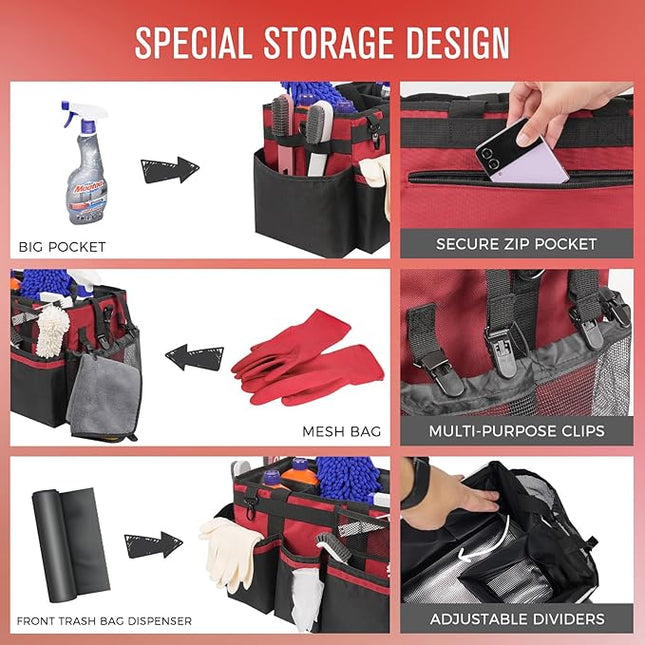 Wearable Cleaning Caddy, Cleaning Caddy Supplies Organizer with Handle & Shoulder Straps for Housekeepers, Under Sink & Car Cleaning Tool Organizers Bag with 4 Foldable Divider (Wine)