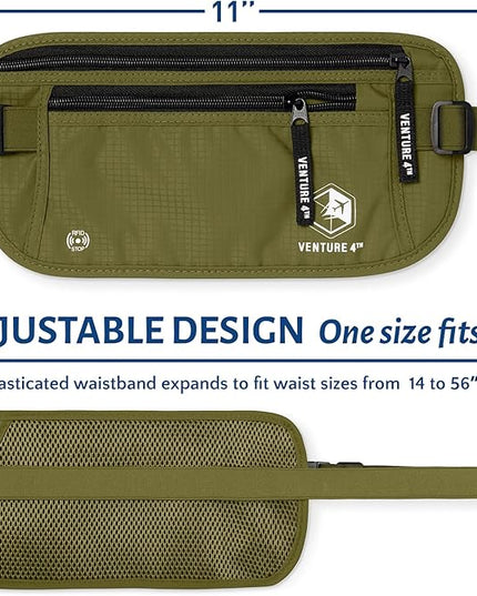 VENTURE 4TH Money Belt for Travel – Hidden Under-Clothes RFID Blocking Passport Holder & Slim Travel Wallet Pouch for Men & Women to Protect Cash, Cards & Documents (Green)