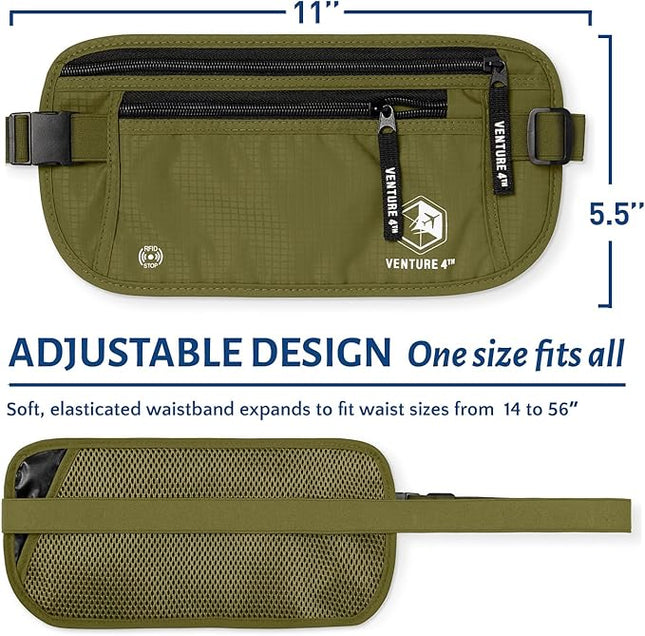 VENTURE 4TH Money Belt for Travel – Hidden Under-Clothes RFID Blocking Passport Holder & Slim Travel Wallet Pouch for Men & Women to Protect Cash, Cards & Documents (Green)