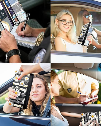 Car Registration and Insurance Holder with Magnetic Closure, Universal Document Organizer for License, Insurance Cards & Glove Box Storage (Daisy)