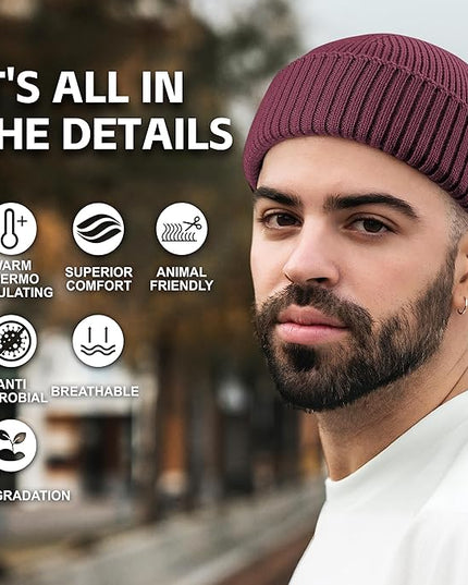 100% Merino Wool Fisherman Beanie for Men Women, Short Knit Cuff Trawler Winter Hat, Warm Soft Outdoor Gift
