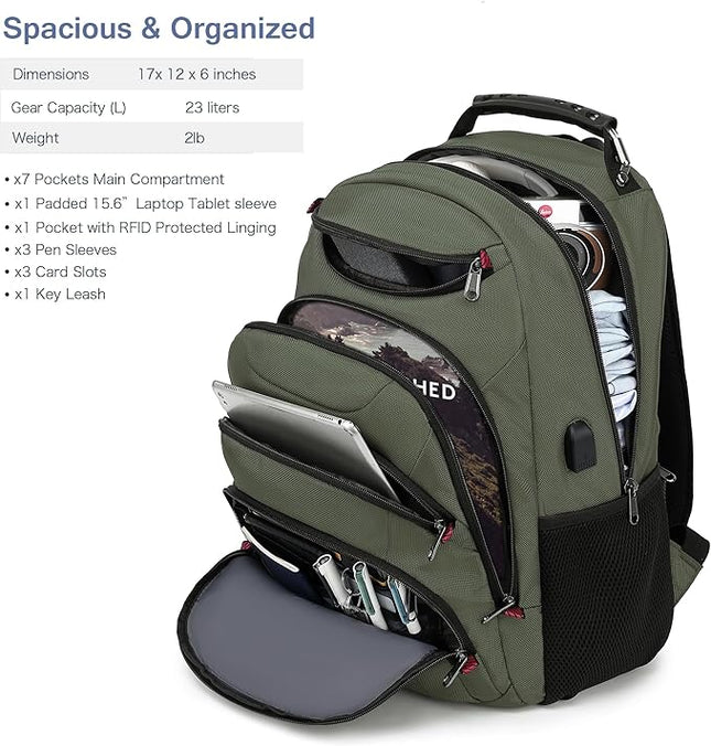 Boavan Laptop Backpack for men, 15.6 inch Laptop Bag with USB Port, Waterproof Travel Work Backpack Purse, Anti-Theft Teacher Nurse Doctor Casual Bookbags Office Business backpack,Green