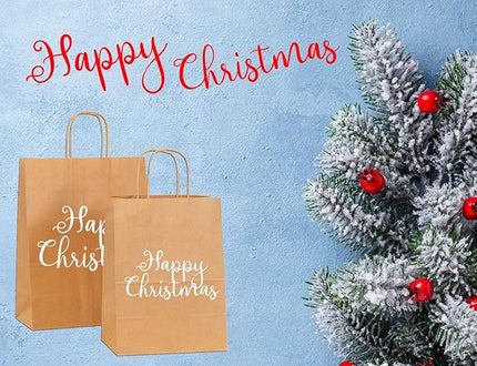 Qutuus Kraft Gift Bags Large with Handles 25 Pcs 10x5x13 inch Brown Gift Bags, Kraft Paper Bags for Shopping Reusable Grocery Bag