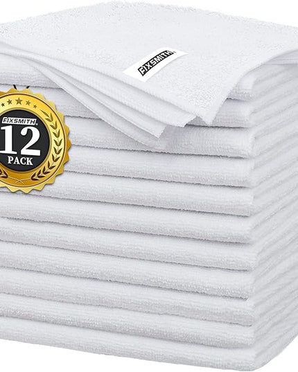 FIXSMITH White Microfiber Cleaning Cloth -Pack of 12, Highly Absorbent Cleaning Rags, 16"X12" All Purpose Cleaning Towels for Housekeeping, Kitchen, Car, Lint Free and Reusable Microfiber Towels