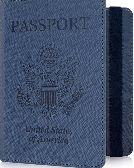RSAquar Passport Holder for Women and Men, Premium PU Leather Travel Passport Wallet RFID Blocking Passport Cover Travel Documents Organizer (JD-Blue)