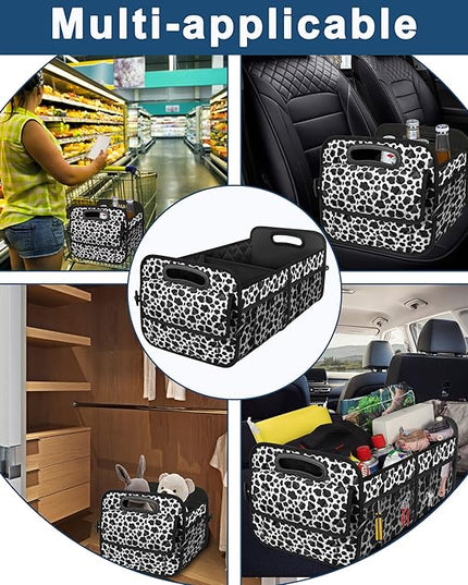 Deosk Car Organizer for SUV - 6 Big Pocket Trunk Storage With Waterproof Polyester, Car Accessories for Women/Men, Cow Print (Medium)