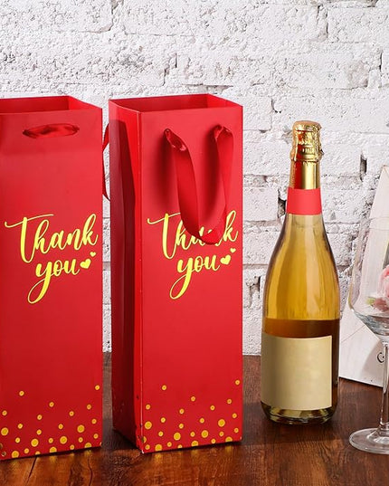 Ctosree 30 Pcs Wine Bottle Gift Bag with Handle 4.3x3.5x13.7 Liquor Paper Bag for Thank You Favor Gold Foil Kraft Whiskey Tote Carrier for Wedding Birthday Bridal Valentine's day Party(Red)