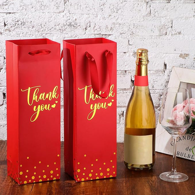 Ctosree 30 Pcs Wine Bottle Gift Bag with Handle 4.3x3.5x13.7 Liquor Paper Bag for Thank You Favor Gold Foil Kraft Whiskey Tote Carrier for Wedding Birthday Bridal Valentine's day Party(Red)