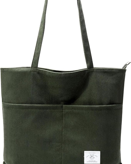 KALIDI Women Corduroy Tote Bag Zipper Casual Tote's Handbag Big Capacity Shoulder Bag with Pockets