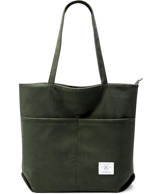 KALIDI Women Corduroy Tote Bag Zipper Casual Tote's Handbag Big Capacity Shoulder Bag with Pockets