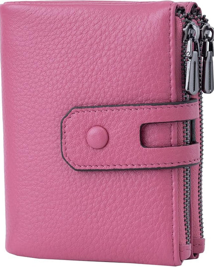 Bveyzi Small Soft Leather Wallet for Women RFID Blocking Ladies Card Holder with Double Zipper Pocket