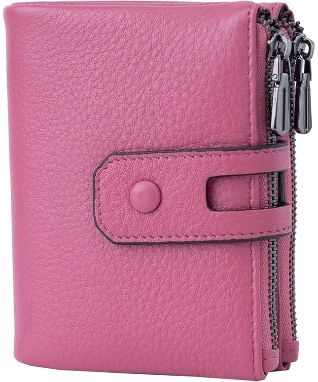 Bveyzi Small Soft Leather Wallet for Women RFID Blocking Ladies Card Holder with Double Zipper Pocket