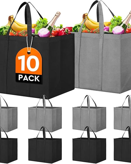 WISELIFE Reusable Grocery Shopping Bags 10 Pack Large Foldable Tote Bags Bulk, Eco Produce Bags with Long Handle for Shopping Groceries Clothes (Grey&Black)