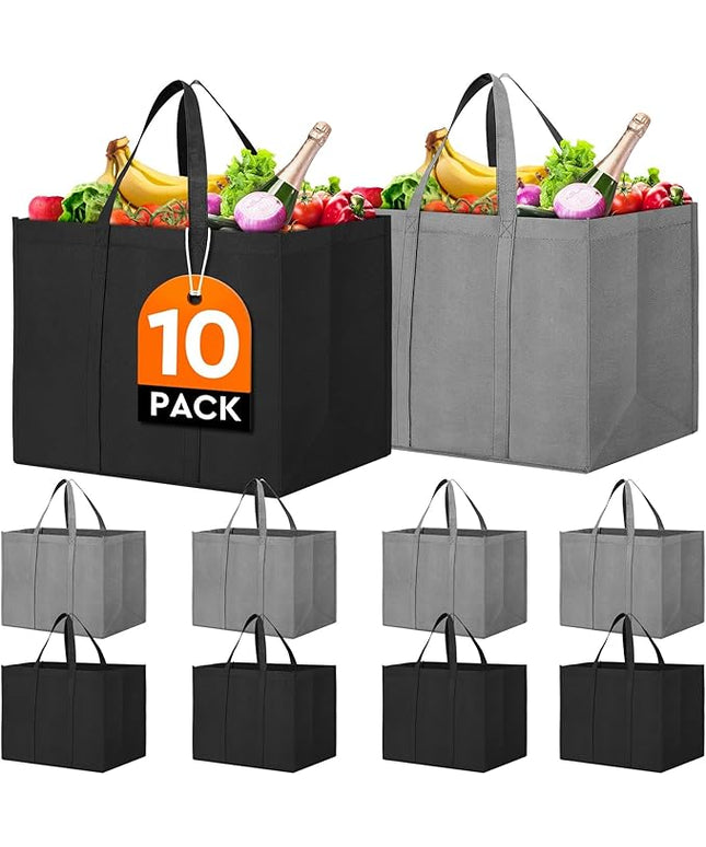 WISELIFE Reusable Grocery Shopping Bags 10 Pack Large Foldable Tote Bags Bulk, Eco Produce Bags with Long Handle for Shopping Groceries Clothes (Grey&Black)