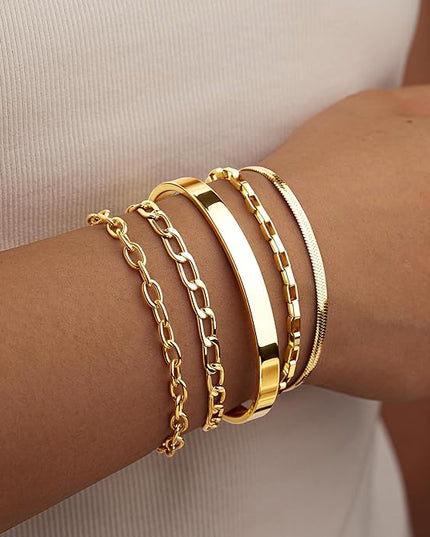Gold Bracelets Set for Women Stack, Dainty Thick Bracelets Stack for Women Trendy, Simple Thin Gold Plated Cuff Stackable Bracelets With Beaded Cuban Paperclip Snake Rope Bangle Hand Chain Jewelry Gifts for Women Non Tainish