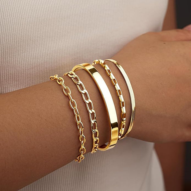 Gold Bracelets Set for Women Stack, Dainty Thick Bracelets Stack for Women Trendy, Simple Thin Gold Plated Cuff Stackable Bracelets With Beaded Cuban Paperclip Snake Rope Bangle Hand Chain Jewelry Gifts for Women Non Tainish