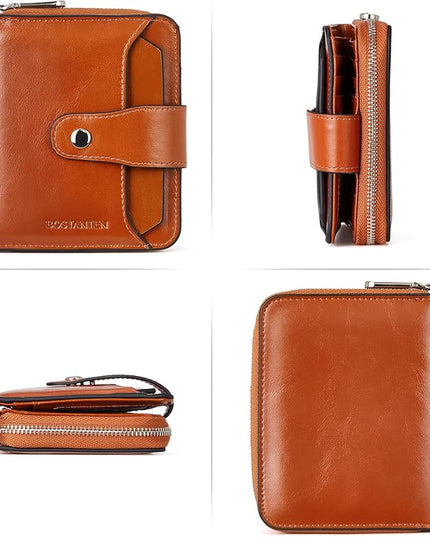 BOSTANTEN Leather Wallets for Women RFID Blocking Zipper Pocket Small Bifold Wallet Card Case Brown