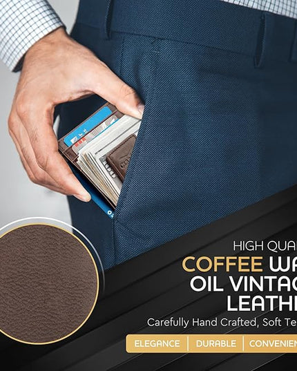 Money Clip Leather Wallet For Men Slim Front Pocket RFID Blocking with Super Strong Magnetic