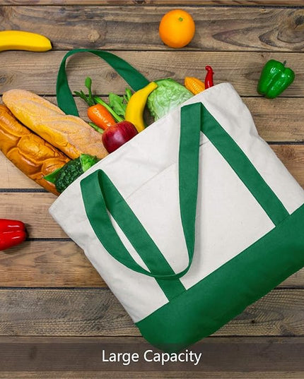 TOPDesign 1-Pack Canvas Tote Bag with an External Pocket, Reusable Grocery Shopping Bag, Top Zipper Closure, Daily Essentials (Green/Natural)