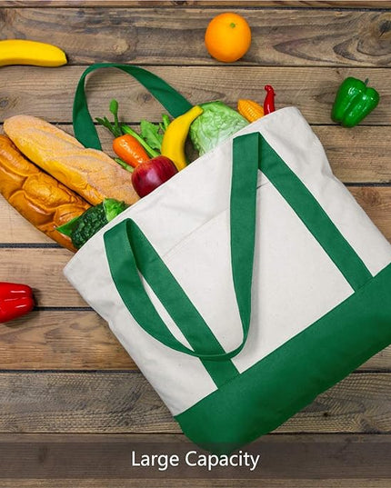 TOPDesign 3-Pack Canvas Tote Bags with an External Pocket, Reusable Grocery Shopping Bags, Top Zipper Closure, Daily Essentials (Green/Natural)
