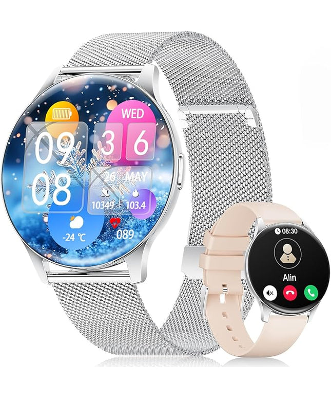 LIGE Smart Watch for Women, 1.43" AMOLED Screen Smartwatch with Answer/Make Call for iPhone/Android/Samsung,Fitness Tracker with 120+ Sport Modes, Sleep/Health Monitor, IP68 Waterproof,2 Bands,Silver